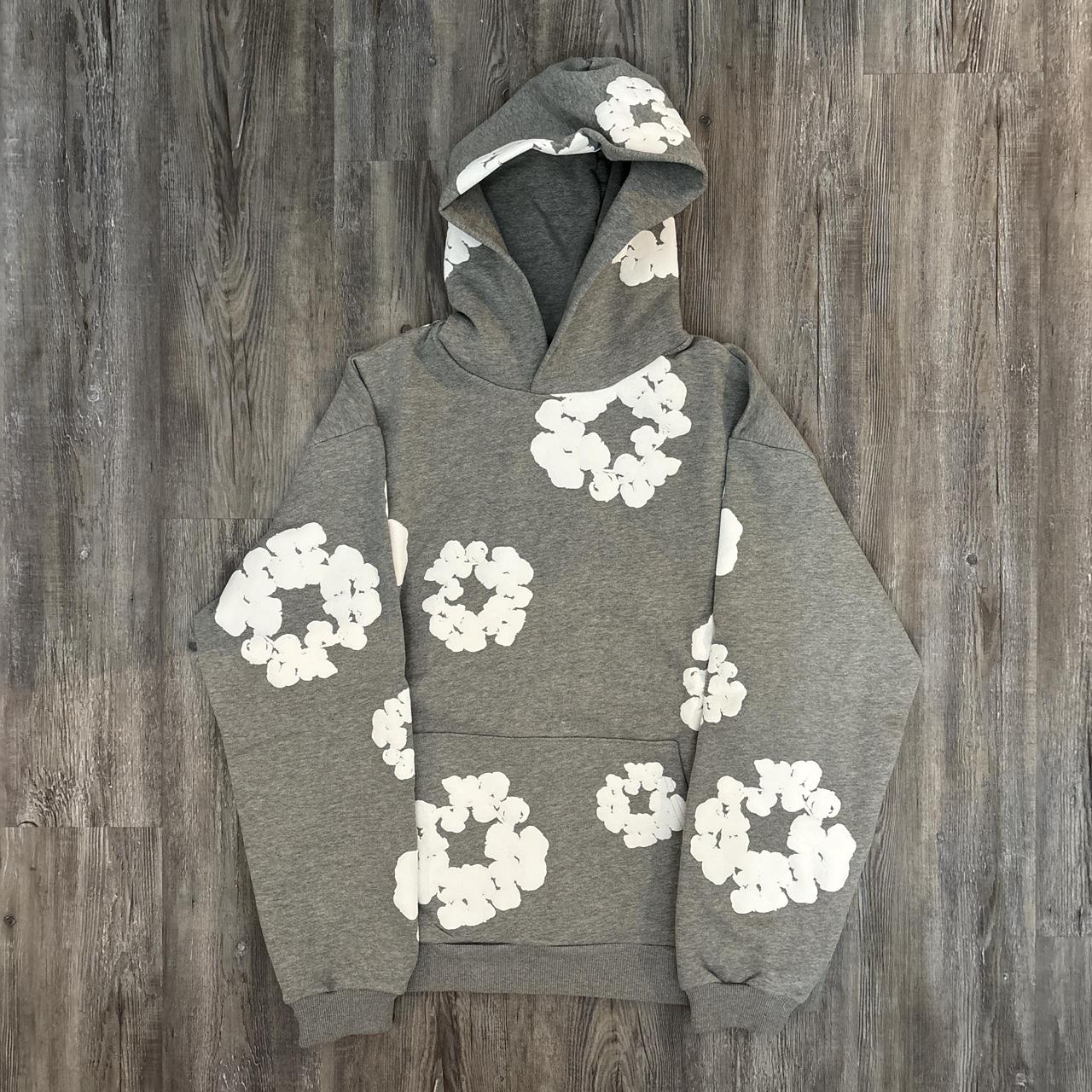 Grey Denim Tear Cotton Wreath Hoodie