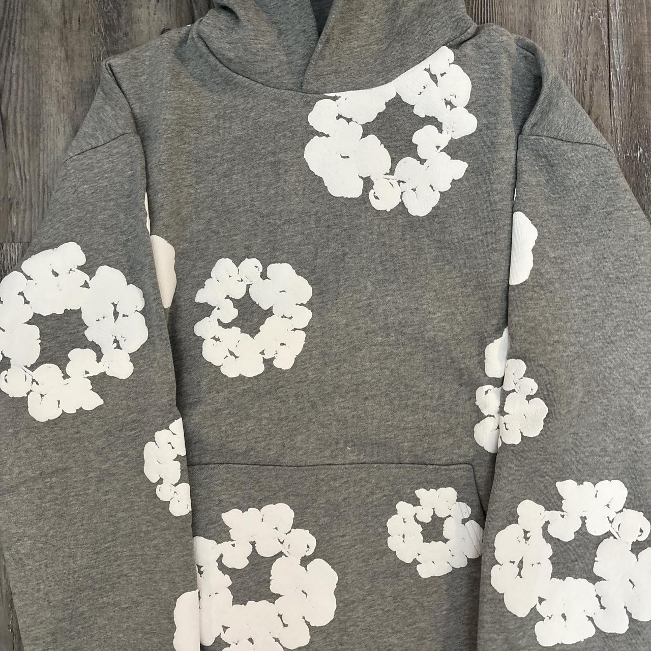 Grey Denim Tear Cotton Wreath Hoodie